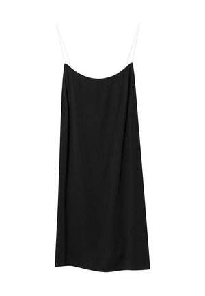 Czarna sukienka bez rękawów z białymi ramiączkami, gładki materiał, w kształcie litery A, z bocznymi kieszeniami, z okrągłym dekoltem i prostym wzorem.