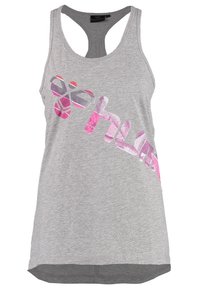 Lichtgrijze tanktop met een racerback ontwerp. Heeft een groot roze en paarse grafische tekst over de voorkant. Gladde, lichtgewicht stof.