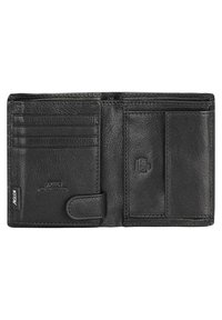 Billetera de cuero negro con múltiples compartimentos para tarjetas y un cierre de botón. Cuenta con protección RFID y una textura suave. Diseño simple y funcional.