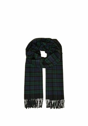 Dunkelgrüner und marineblauer kariertes Halstuch mit fransigen Enden, zu einer Schlaufe gefaltet.