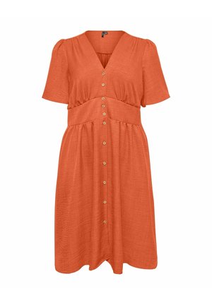 Robe mi-longue orange rouille avec manches courtes, encolure en V, couture à la taille et rangée de petits boutons à l'avant.