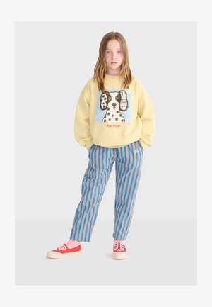 Bambino con capelli lunghi che indossa una felpa gialla con stampa di un cane dalmata, pantaloni a righe blu, calzini rosa e scarpe rosse, in piedi con le mani nelle tasche.