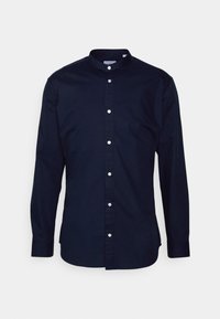 Námořnická hladká košile z bavlny s mandrinským límcem, dlouhými rukávy a bílými knoflíky vpředu pro zapínání.