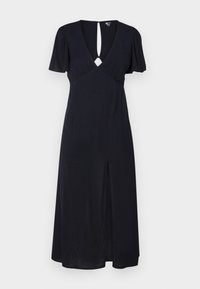 Robe noire en tissu léger, avec un décolleté en V profond, des manches bouffantes courtes, un dos en trou de serrure et une fente à l'avant pour plus de mobilité.