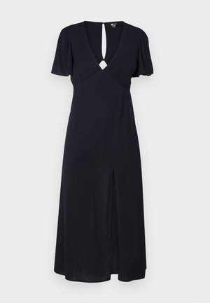 Zwarte jurk gemaakt van lichtgewicht stof, met een diepe V-hals, korte puffmouwen, een keyhole rug en een split aan de voorkant voor bewegingsvrijheid.