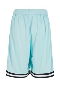Shorts de sport bleu clair avec une ceinture élastique, dotés de rayures horizontales noir et blanc au niveau de l'ourlet. Texture de tissu lisse.