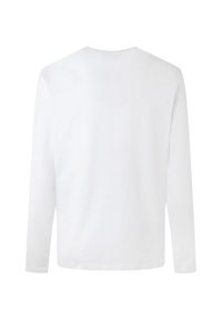 Maglietta bianca a maniche lunghe vista da dietro con una semplice scollatura tonda e senza motivi o loghi visibili.