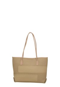 Borsa tote in rete beige con manici lunghi, dotata di accenti di tessuto orizzontali. La superficie testurizzata presenta sottili motivi e dettagli di cucitura.