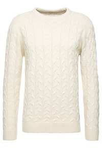 Maglione in crema a maglia cable con scollatura rotonda e maniche lunghe. La texture presenta un motivo in rilievo con polsini e orlo a costine.