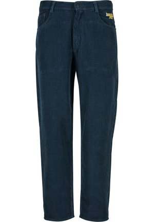 Granatowe spodnie z korduroju o pionowym prążkowanym wzorze, standardowy krój, pięć kieszeni, oraz wyszywane logo na przednim pasie.