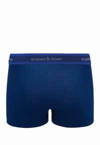 Granatowe męskie bokserki wykonane z miękkiego materiału, z kontrastującym elastycznym pasem w talii, zdobionym detalem z logo "slopes & town".