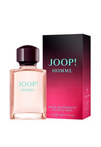 A clear glass bottle with a round purple cap, containing pale pink liquid; a vibrant pink and black box features turquoise text.