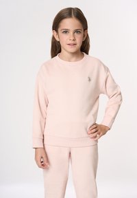 Felpa rosa chiaro in tessuto morbido, con scollo rotondo, maniche lunghe e piccolo logo sul petto. Presentata con pantaloni coordinati.