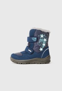 Zila ziemas zābaku, izgatavots no auduma un sintētiskajiem materiāliem, ar āķa un cilpas siksnu, mākslīgo pūkainu oderi un vienradža grafiku ar zvaigznēm.