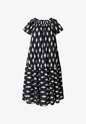 Czarna sukienka midi z białym wydłużonym wzorem diamentowym, krótkimi bufkami, marszczonym elastycznym dekoltem i warstwową spódnicą.