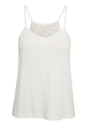 Biała koszulka na ramiączkach z cienkimi paskami, koronkowym zdobieniem przy dekolcie i z tyłu, miękka tkanina i luźny fason.