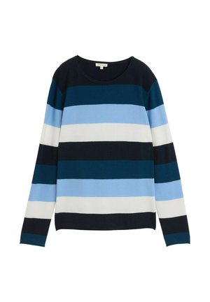 Maglione a righe nei colori navy, teal, azzurro chiaro, bianco e grigio chiaro. Realizzato in tessuto a maglia a coste, con scollo rotondo e maniche lunghe.