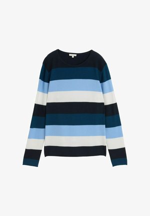 Svītrota džempera dizains, kas ietver tumši zilu, tēliju, gaiši zilu, baltu un gaiši pelēku krāsu. Izgatavots no ribota adījuma auduma, ar apaļu kakla izgriezumu un garām piedurknēm.