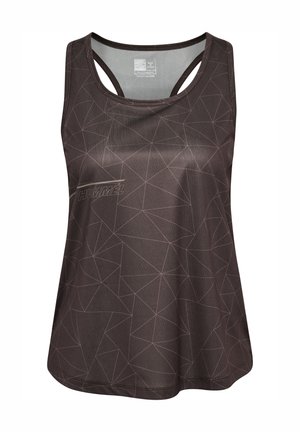 Sort atletisk tanktop med et geometrisk mønster. Fremstillet af åndbart stof med en rund halsudskæring og justerbare krydstræk.