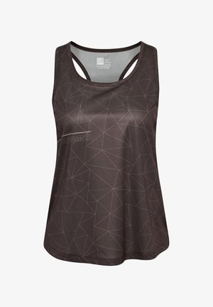 Sort atletisk tanktop med et geometrisk mønster. Fremstillet af åndbart stof med en rund halsudskæring og justerbare krydstræk.