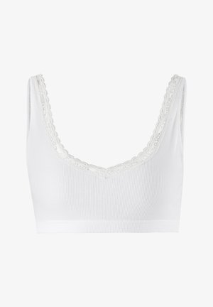 Bralette blanc à côtes avec un design en V, présentant de délicates bordures en dentelle festonnée le long de l'encolure et des emmanchures. Texture douce.