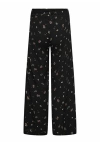 Zwarte wijde broek met een bloemenpatroon in roze en wit. Zachte stof met een elastische tailleband. Omzoomd aan de onderkant, zonder zichtbare sluitingen.