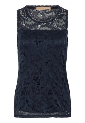 Haut sans manches en dentelle noire avec motif floral et encolure ronde, comprenant un empiècement en dentelle transparente et une doublure sur le corps.