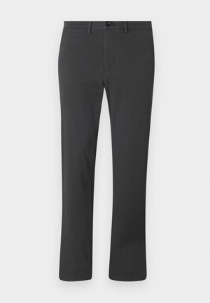 Schwarze Hose aus glattem Stoff, mit geradem Bein-Design, Reißverschluss, Knopfverschluss und Gürtelschlaufen. Schlichter und funktionaler Stil.