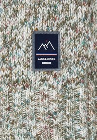 Gestrickter Pullover mit bunten Sprenkeln, überwiegend grün und grau. Mit einem Markenpatch mit Bergen und horizontalen Streifen.