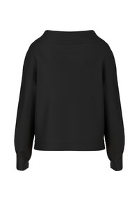 Schwarzer oversized Pullover mit breitem Kragen, langen Ärmeln und gerippten Bündchen. Glatte Textur und schlichtes Design ohne sichtbare Muster oder Akzente.