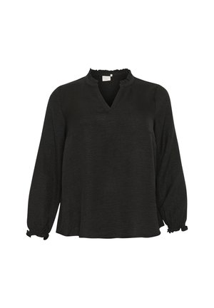 Blouse noire à manches longues avec un col froncé, coupe ample et poignets élastiques. Fabriquée en tissu texturé, avec un décolleté en V.