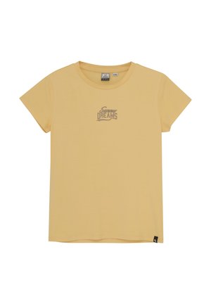 Gul bomulds T-shirt med korte ærmer, prydet med en "Sunny Dreams" grafik i lys brun på fronten. Uden sømme ved halsen og normal pasform.