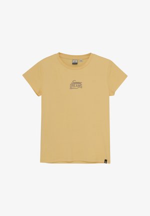 Gelbes Baumwoll-T-Shirt mit kurzen Ärmeln, das auf der Vorderseite einen „Sunny Dreams“-Grafik in Hellbraun zeigt. Nahtloser Hals und reguläre Passform.