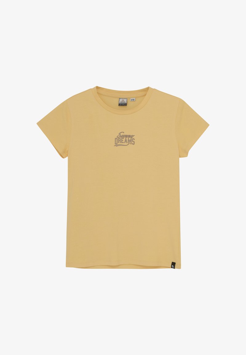 Gelbe katoenen t-shirt met korte mouwen, met een "Sunny Dreams" graphic in lichtbruin op de voorkant. Naadloze hals en normale pasvorm.
