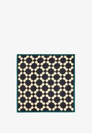Foulard carré noir avec une bordure verte et un motif en grille diagonale de visages de chats blancs et dorés.