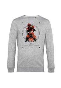 Grauer Baumwoll-Pullover mit floralem Druck in Rot und Grün, Rundhalsausschnitt, langen Ärmeln und textlichen Details in einem kreisförmigen Design.