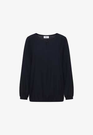 Blusa negra de manga larga con escote redondo, cierre con un solo botón, puños elásticos y dobladillo elástico, etiquetada "CECIL".