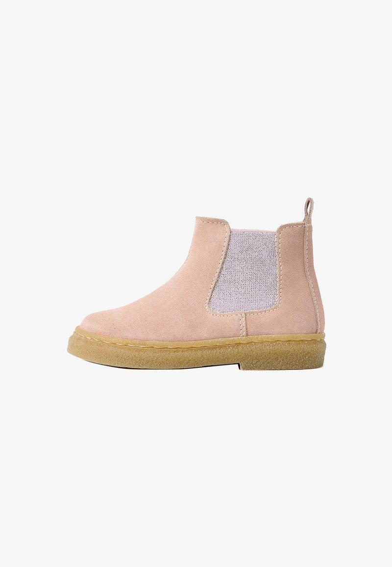 Rosa Wildleder-Ankelstiefel mit elastischen Seitenpaneelen, runder Zehenform und rutschfester Gummisohle. Mit Zugschlaufe auf der Rückseite.