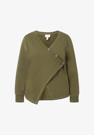 Olijfgroene wikkelcardigan van zacht materiaal, met een V-hals, lange mouwen en drie decoratieve knopen aan de voorkant.