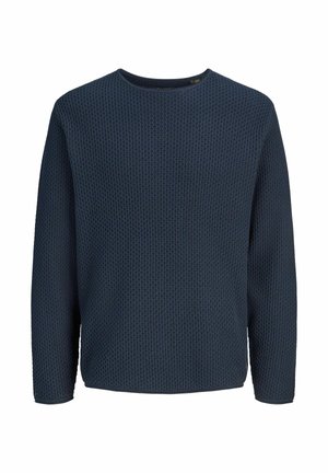 Pull bleu marine à manches longues avec un motif gaufré texturé et un col rond, présenté sur un fond blanc.