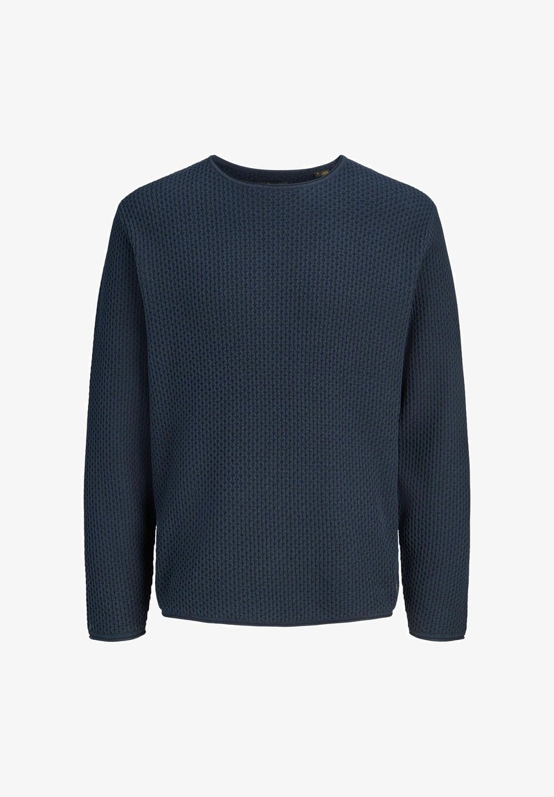 Pull bleu marine à manches longues avec un motif gaufré texturé et un col rond, présenté sur un fond blanc.
