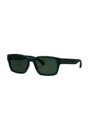 Rechteckige dunkelgrüne Sonnenbrille mit passenden getönten Gläsern und dezentem Branding an den Bügeln.