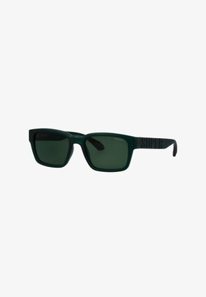 Rechteckige dunkelgrüne Sonnenbrille mit passenden getönten Gläsern und dezentem Branding an den Bügeln.