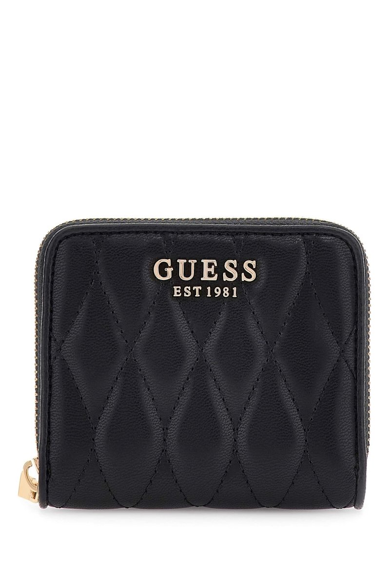 Portafoglio in pelle nera trapuntata con zip dorata e logo GUESS EST 1981 impresso al centro.