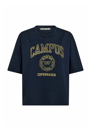 Tamnoplava pamučna majica kratkih rukava, s žutim vezanim natpisom "CAMPUS" i "COPENHAGEN" u stilu koledža.
