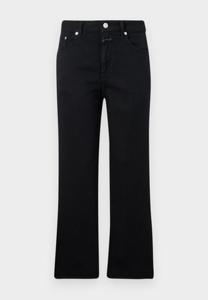 Jean noir avec une coupe droite, style cinq poches, quincaillerie en métal et texture en denim douce. Minimaliste et uniforme en couleur.