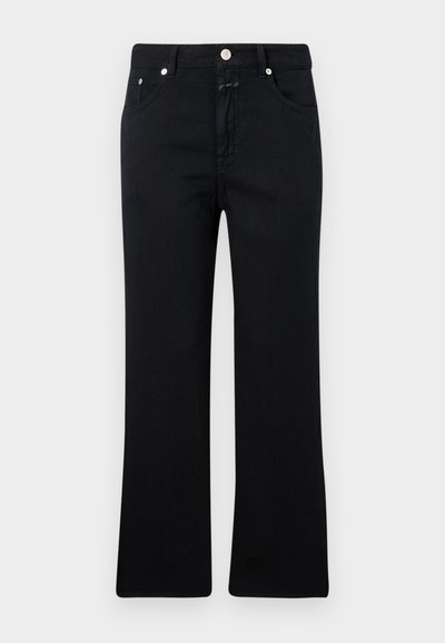 Svart jeans med rette ben, fem-lomme stil, metallbeslag og en myk denimtekstur. Minimalistisk og ensfarget.