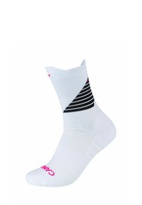 Calzino bianco alla caviglia con strisce nere e accento rosa, realizzato in materiale testurizzato con parte superiore a coste. Contiene logo del marchio sulla punta.