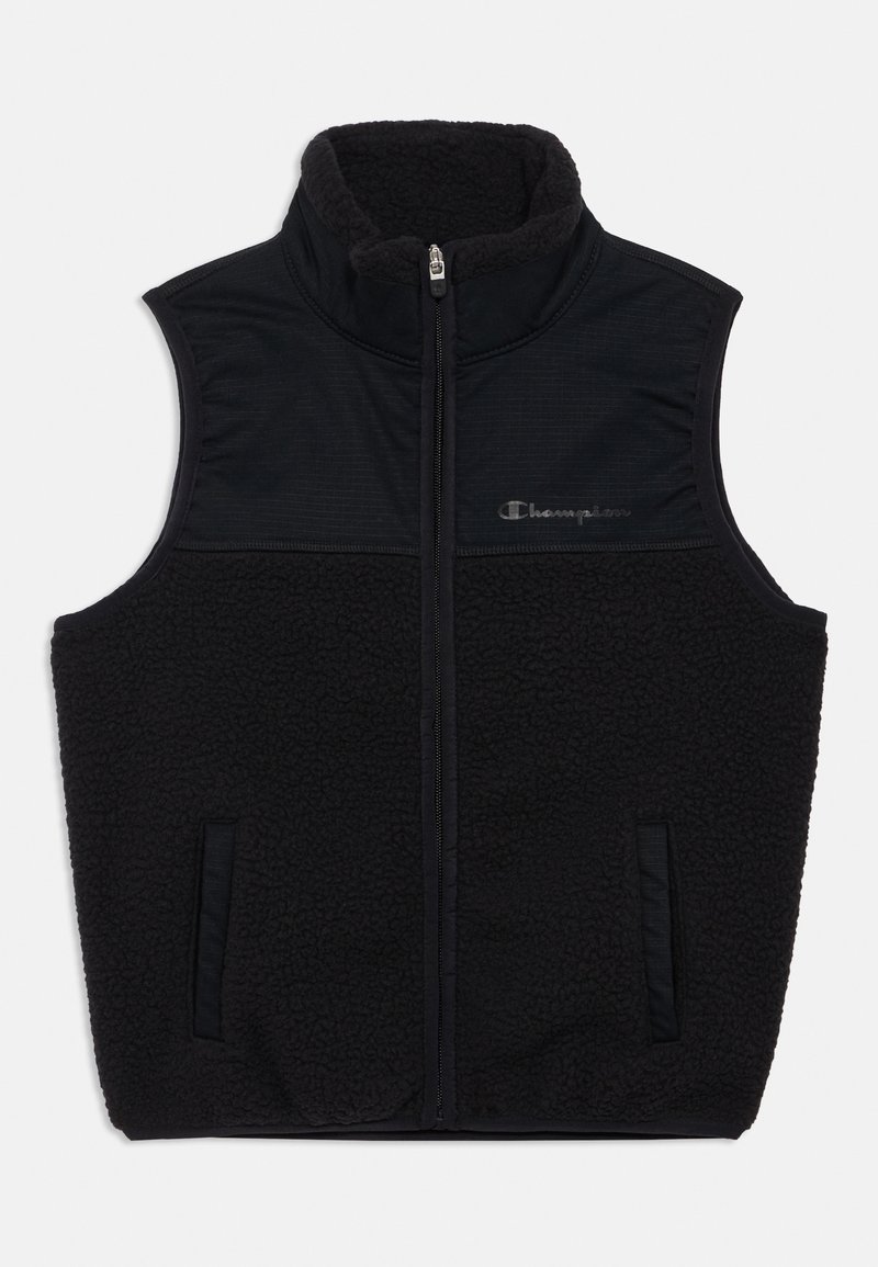 Veste polaire noire sans manches avec fermeture éclair à l’avant, col montant, poches latérales et logo Champion discret sur la poitrine.