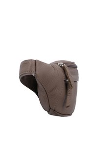 Small brown leather pouch with zipper and stitched details, shown from angled side view against white background.